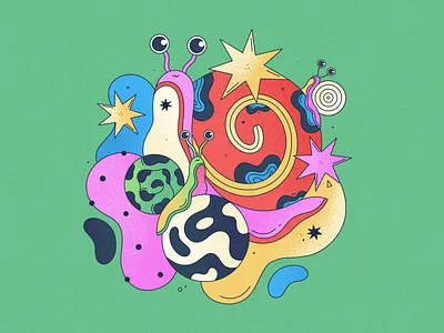 Galactic Snails bright cartoon character colorful cute design fun funny galactic groovy illustration outline planets psychedelic snails space stars stroke surreal vector