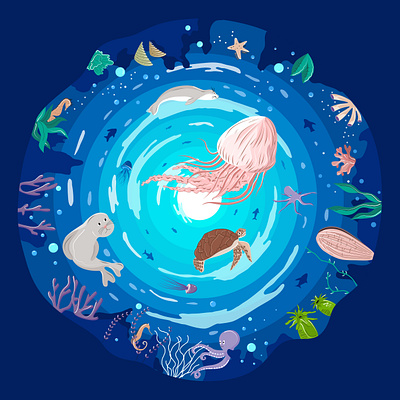 A combination of kids' sketches animlas art blue design illustration jellyfish ocean plants sea seamonk turtle underwater variety water