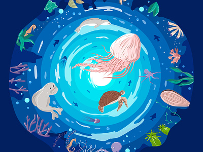 A combination of kids' sketches animlas art blue design illustration jellyfish ocean plants sea seamonk turtle underwater variety water