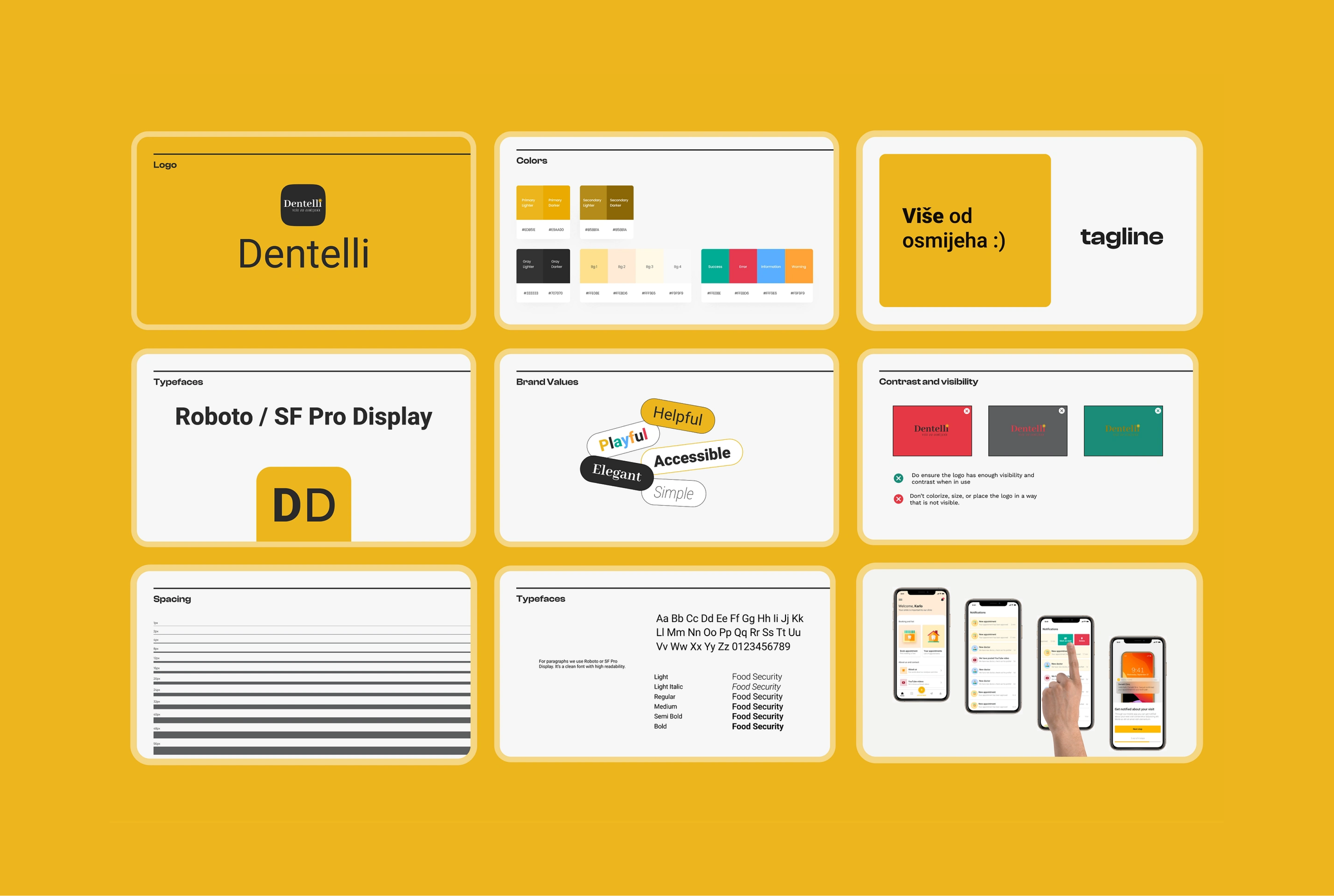Dentelli Style guide brand brandguide branding colors dentist guide logo mobile mockup spacing typeface ui yellow