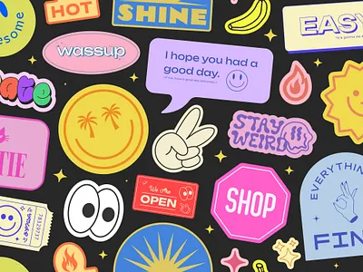 COOL Y2K STICKERS PACK. GROOVY PATCHES 2000s 90s abstract art comic cool emoji eyes geometric groovy happy illustration patch pop shape smile sticker trendy vector y2k