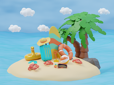 Summer Holiday 3D Illustration 3d 3d animation 3d art 3d illustration animation ball beach crab event holiday nature object ocean sea summer sun travel tropical ui vacation