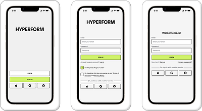 Hyperform V2 ~ UI Flows chartreuse create flow design figma hyperform mobile app mockups neumorphism product page profile page sign up ui