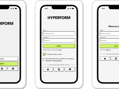 Hyperform V2 ~ UI Flows chartreuse create flow design figma hyperform mobile app mockups neumorphism product page profile page sign up ui