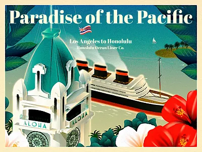Art Deco in Hawaii - "The Modern" 1920 1930 aloha tower architecture art deco hawaii honolulu illustration nature ocean liner paradaise tour vacation vintage poster