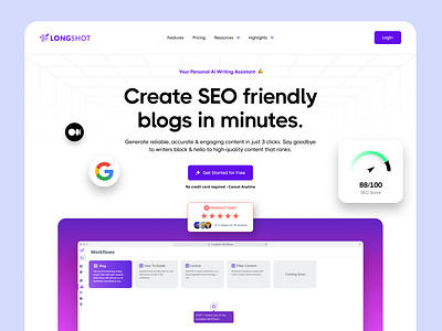 LongShot — AI Content Writing Assistant ai ai platform artificial intelligence assistant bold content writing copywriting hero hero section landing page saas saas design saas landing page seo startup design text generator ui website concept