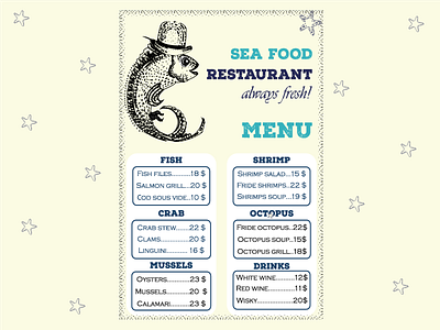 Sea food restaurant menu adobe illustrator branding design engraving fish food graphic design illustration menu restaurant retro vector