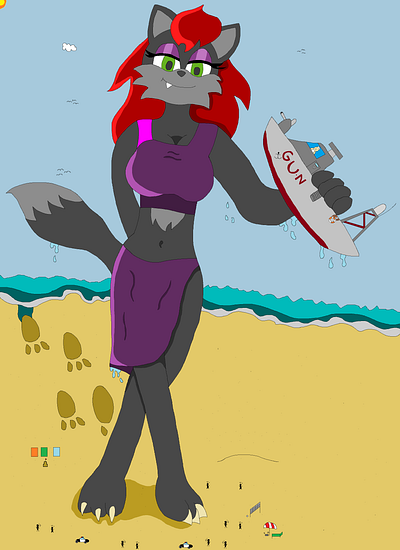 Summer Of Scylla 2023: Scylla At The Beach! anthro beach character cute evil fantasy fox furry giantess girly kaiju mobian mutants pose purple sonic superpowers swimsuit villainess vixen