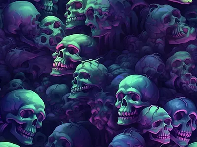 Pile of Neon Skulls art dark dark mood design digital digital art halloween horror illustration pattern purple skull skulls