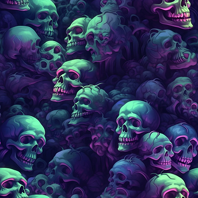 Pile of Neon Skulls art dark dark mood design digital digital art halloween horror illustration pattern purple skull skulls