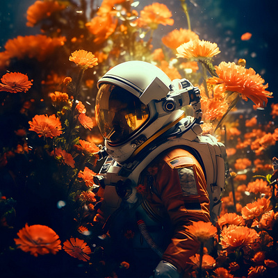Astronaut in Flower Field art artwork astronaut digital digital art fantasy flower flower field flowers orange scifi space