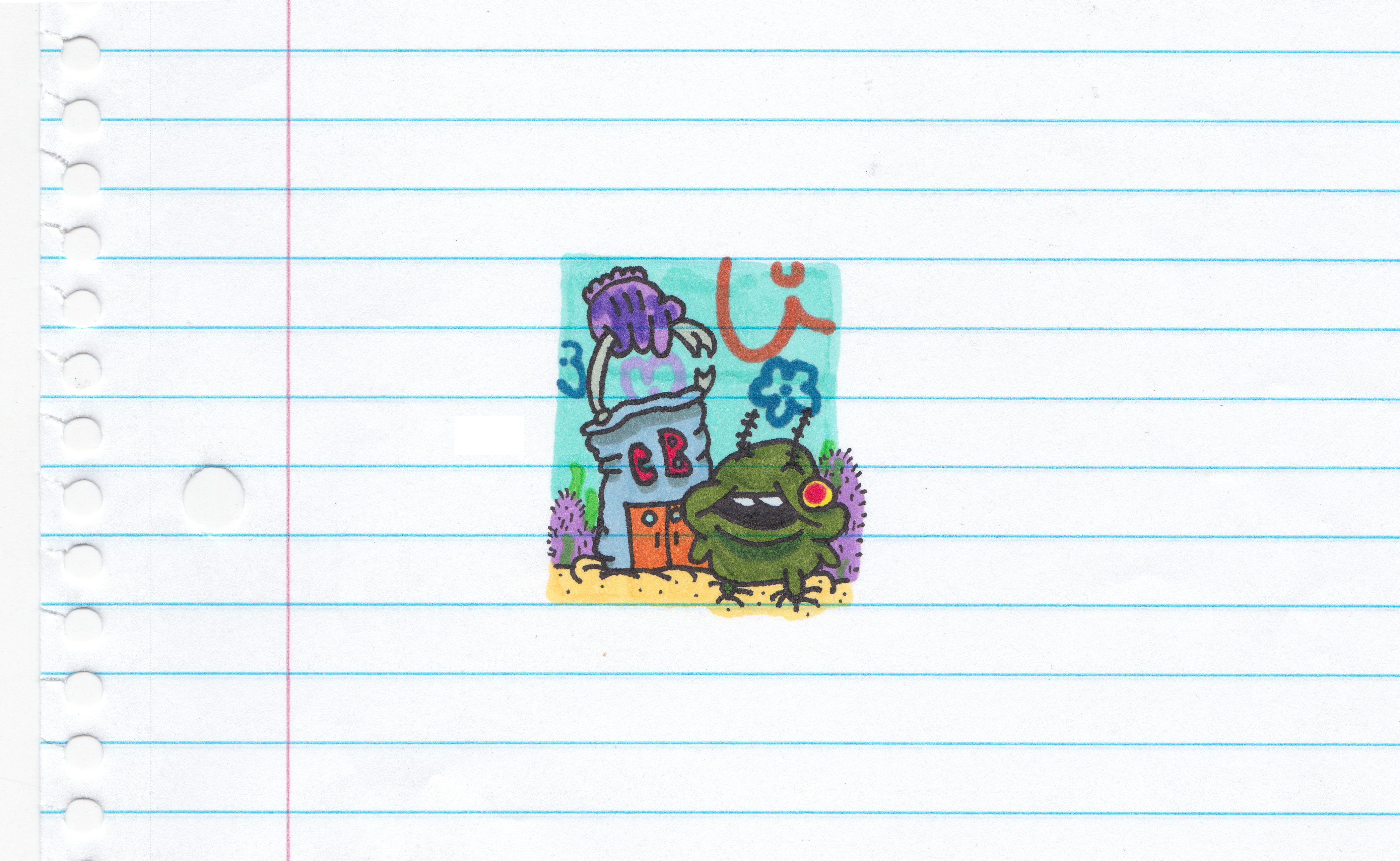 Lil Plankchum bucket cartoon character chum chum bucket coral drawing flowers glove hand drawn illustration markers plankton sand seaweed son spongebob water