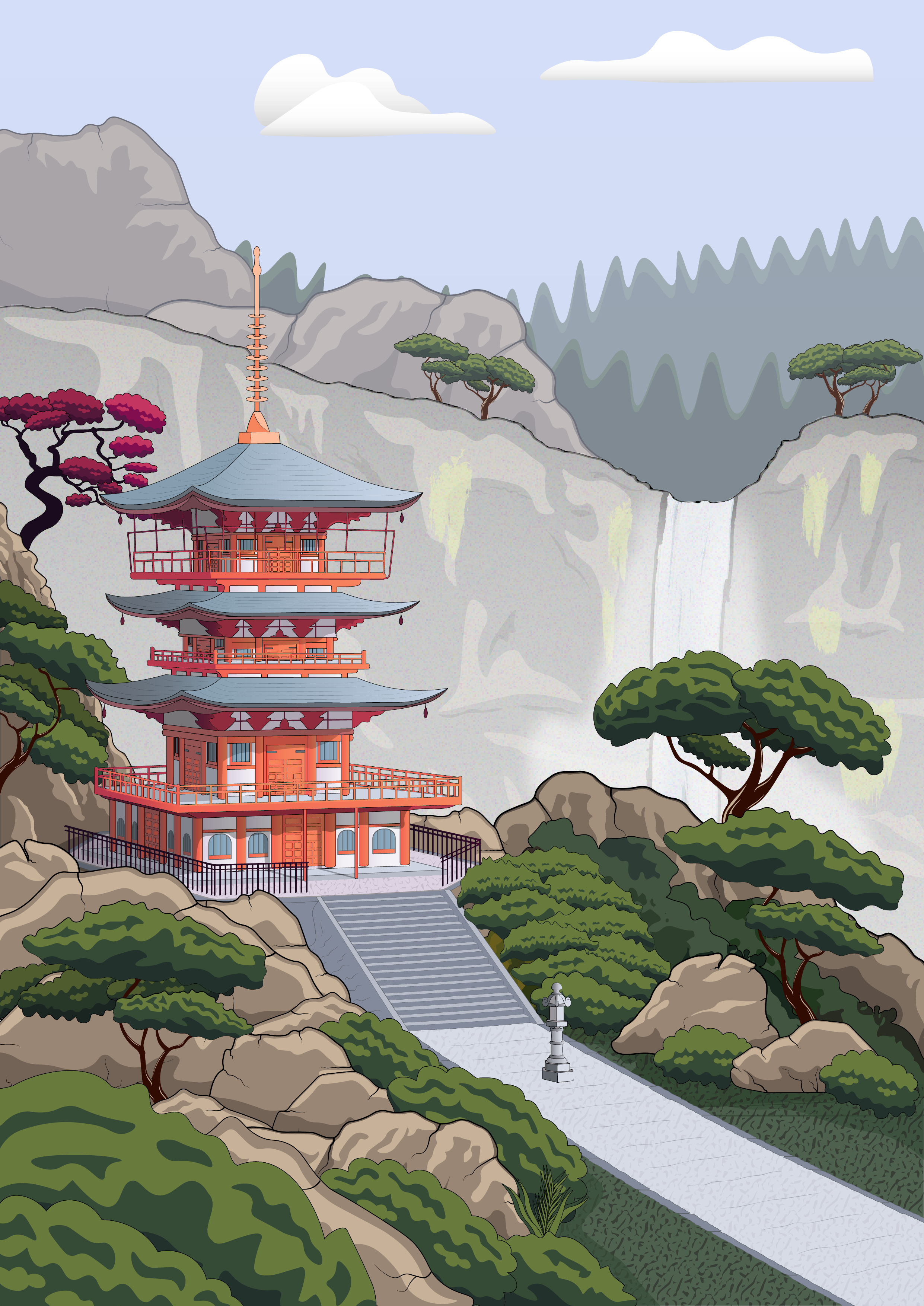 Seiganto-ji Temple | Nature & building illustration ambient illustration artwork buddist building design digital art graphic design illustration illustrator japan landscape paysage temple terrain vector
