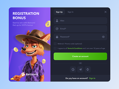 Betnomi - Crypto Casino Signup Modal Window 3d account bonus casino casino game character coins create account crypto crypto casino gambling game gaming login modal modal ui modal window online casino registration signup