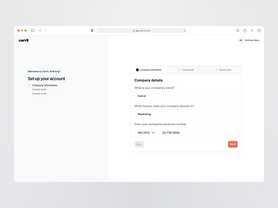 Carril: Onboarding - Set up your account dashboard onboarding product design progress steps saas tab ui ux