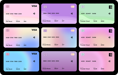 Cute UI Credit Cards, Gradient Pastel banking branding cards credit cards design finance product design ui