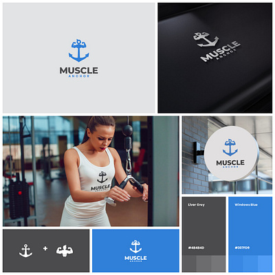Muscle Anchor Logo art body brand brand design branding company design fitness graphic graphic design gym illustration logo man muscle sport strong symbol vector workout