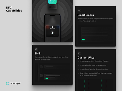 CrowdSync — NFC Features animation branding dark mode dark ui design glossmorphism graphic design minimal design motion graphics nfc product design rebrand sleek ui tech ui ui wearables