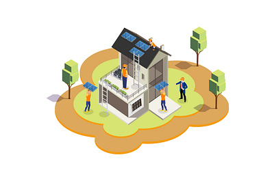 Isometric home service solar panel installation 3d building eco green illustration iso isometric technology vector