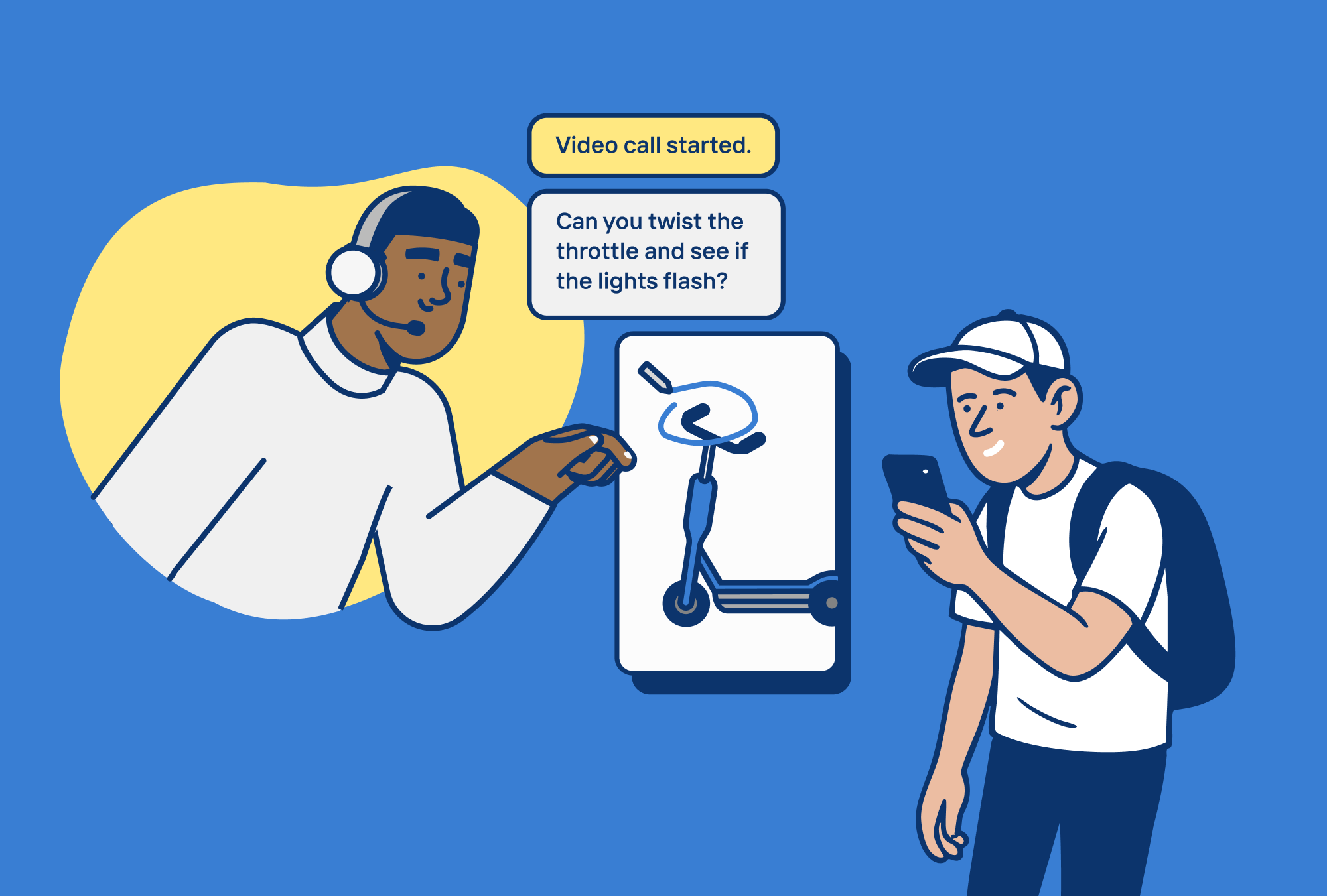 AR CX Tools ar augmented reality bold bright flat illustration live chat scooter support vector video chat