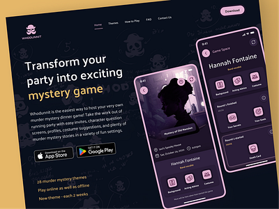 Whodunnit mystery game mobile app - landing page (website) game landing mobile mobile app mystery purple web website