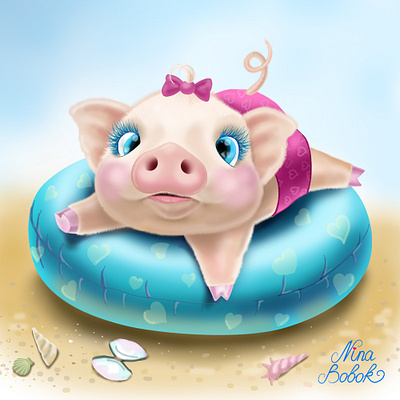 Piggy on the beach adobephotoshop childrensbookart childrensbooks graphic design illustration piggy minipiggy