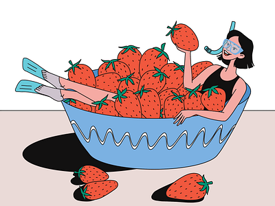 Strawberries aqualung berry character diving flippers girl illustration strawberries