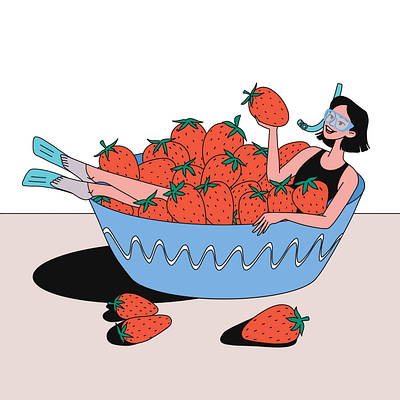 Strawberries aqualung berry character diving flippers girl illustration strawberries