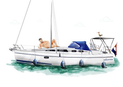 Sea you ;-) birthday boat cartoon gift illustration naked portrait sailing sea