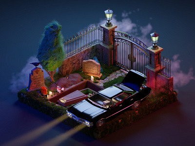 Family business 3d 3d art animation b3d blender cemetery digitalart diorama fanart horror illustration impala isometric lighting modeling render spn supernatural texturing winchester