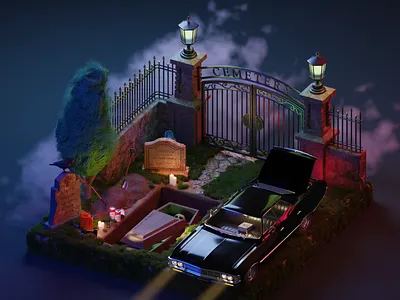 Family business 3d 3d art animation b3d blender cemetery digitalart diorama fanart horror illustration impala isometric lighting modeling render spn supernatural texturing winchester