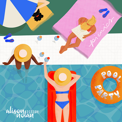 Picnics and Pool Parties character design design drawing challenge female illustrator hand lettering illustration pool party procreate