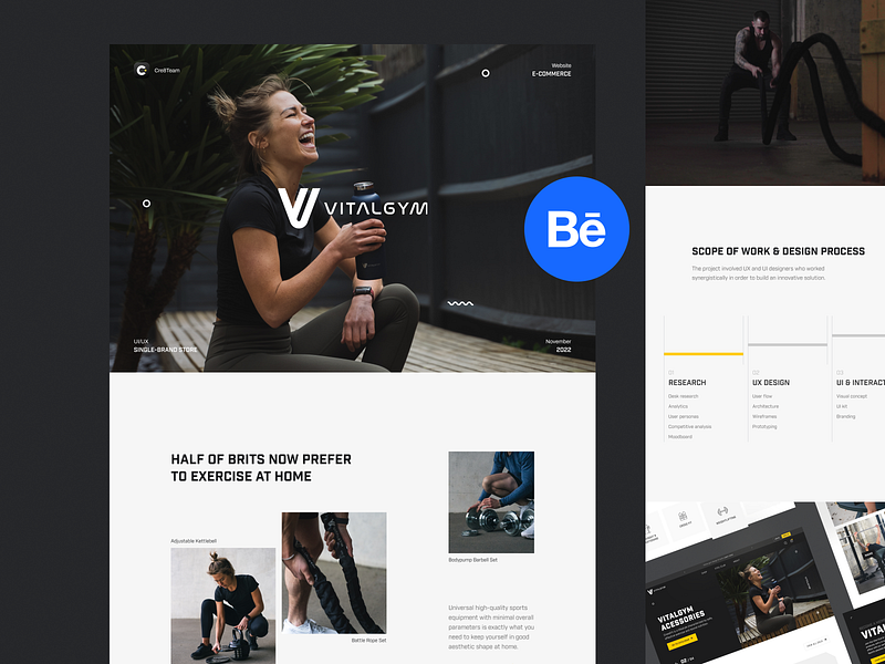 VitalGym. Full case study for eCommerce monobrand website branding case catalog checkout design ecommerce filters gym motion graphics responsive sport ui ux website