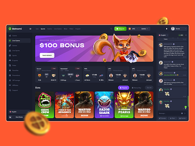 Betnomi - Casino Home Page Design 2d betting casino casino banner casino games casino home page character coins crypto crypto casino fox gambling game gaming illustration online casino online chat slots sport betting sportsbook