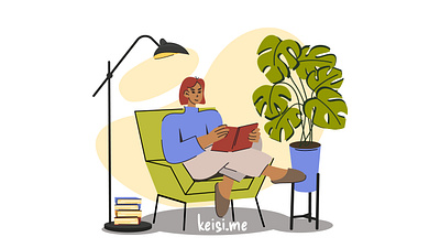 girl reading a book 2d book character feme flat girl hobby illustration indoor plant lamp monstera reading vector woman