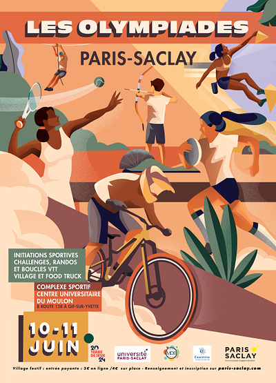 Poster Les Olympiades Paris-Saclay bycle colorful design girl illustration paris rugby sport sporting tennis vector