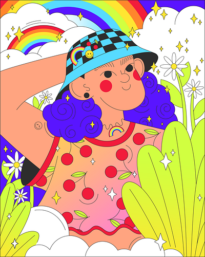 DTIYS 2d adobe illustrator cartoon character cherries colorful curly hair dtiys editorial flat flat design flowers girl illustration poster pride rainbow style summer vector
