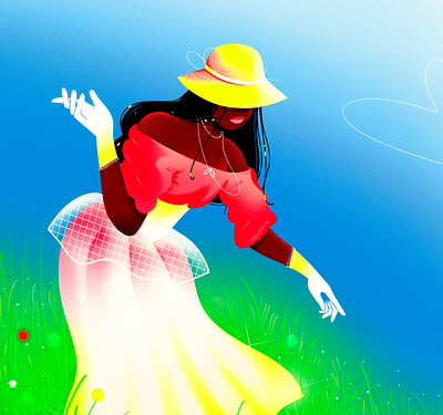 Countryside afternoon bright character character design color contryside digitalart dress flower hat illustration landscape nature sky style woman