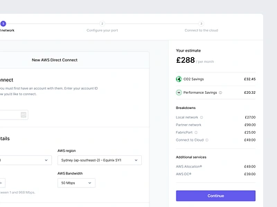 Network Configuration aws calculator carbon footprint cart cloud connect connection dashboard drawer estimate estimation form interface network process progress steps ui user interface ux