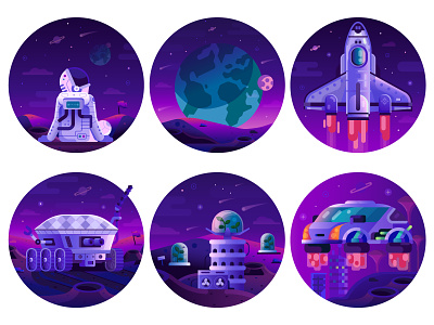 Space Exploration Icons and Banners astronaut banners colonization colony exploration flat design futurist gradient icons illustration lunar mars mission moon rover space ui walker web