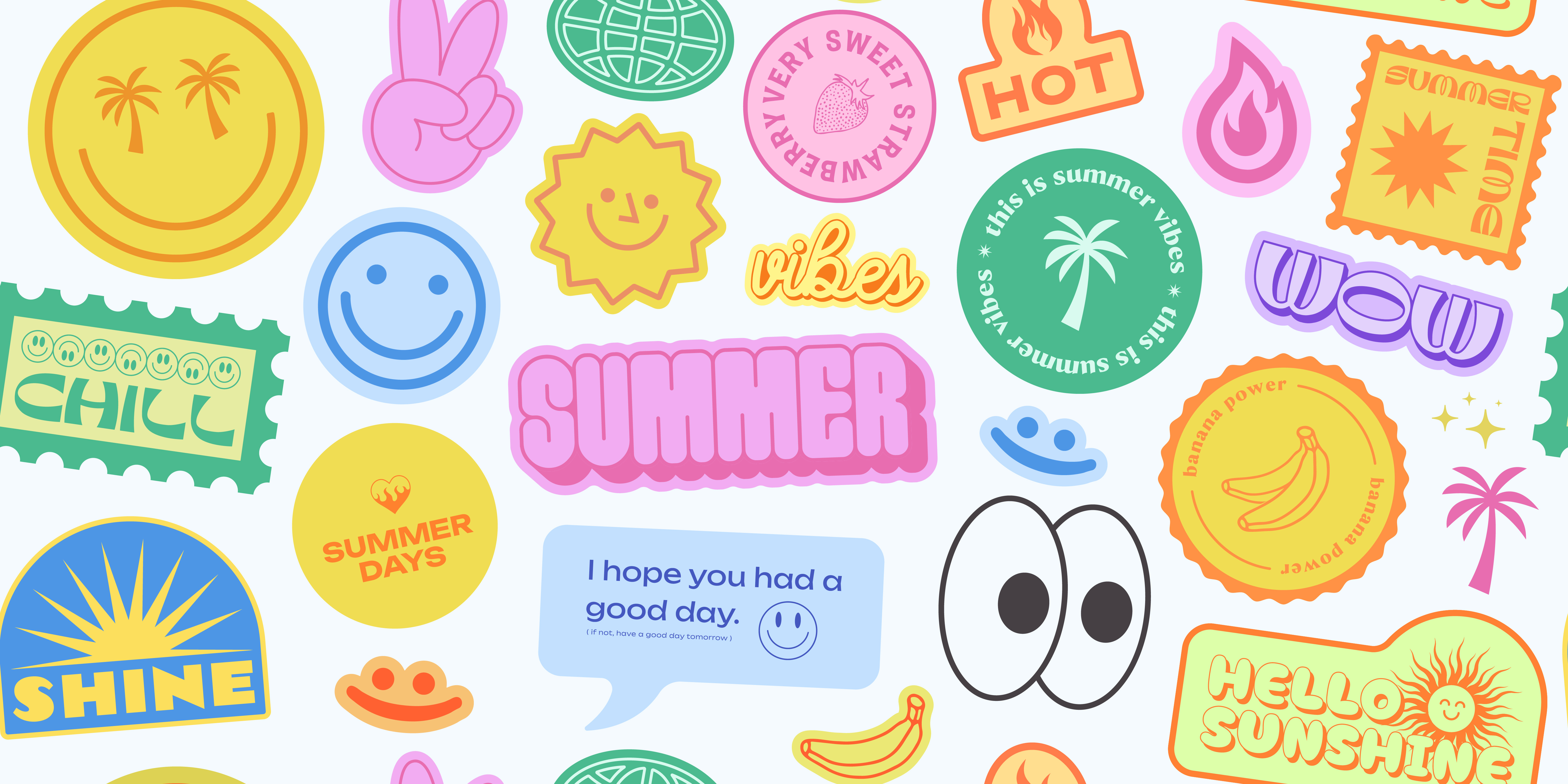 SUMMER VIBES Y2K STICKERS 2000s 90s art character cool cute groovy illustration patch pop positive set smile sticker summer sun trendy vector vibes y2k