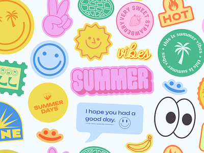 SUMMER VIBES Y2K STICKERS 2000s 90s art character cool cute groovy illustration patch pop positive set smile sticker summer sun trendy vector vibes y2k