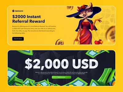 Betnomi - Casino Home Page Banners 2d blockchain casino casino banners character coins crypto crypto casino dollar fox gambling game gaming graphic design mascot money bills online casino referral reward social media banner