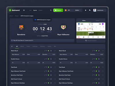 Betnomi - Sportsbook Design barcelona bets betting casino coefficient crypto crypto casino football gamble gambling game dashboard match ods online casino soccer sport betting sport dashboard sportsbook tracker wager