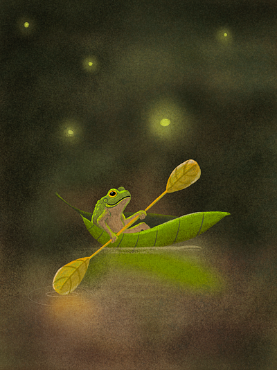 Night Paddle colored pencil cute digital art drawing frog illustration kayaking sketch whimsical woodland