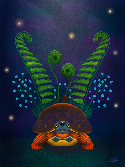 Ferns, forget-me-nots, and a wood turtle digital art drawing glow illustration night turtle