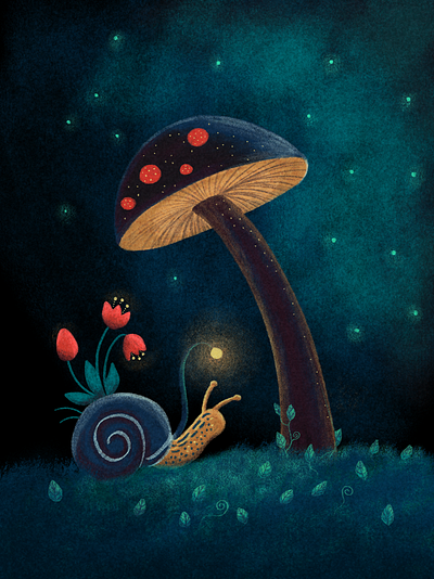 Night Slide cute drawing glow illustration mushroom nighttime sketch snail