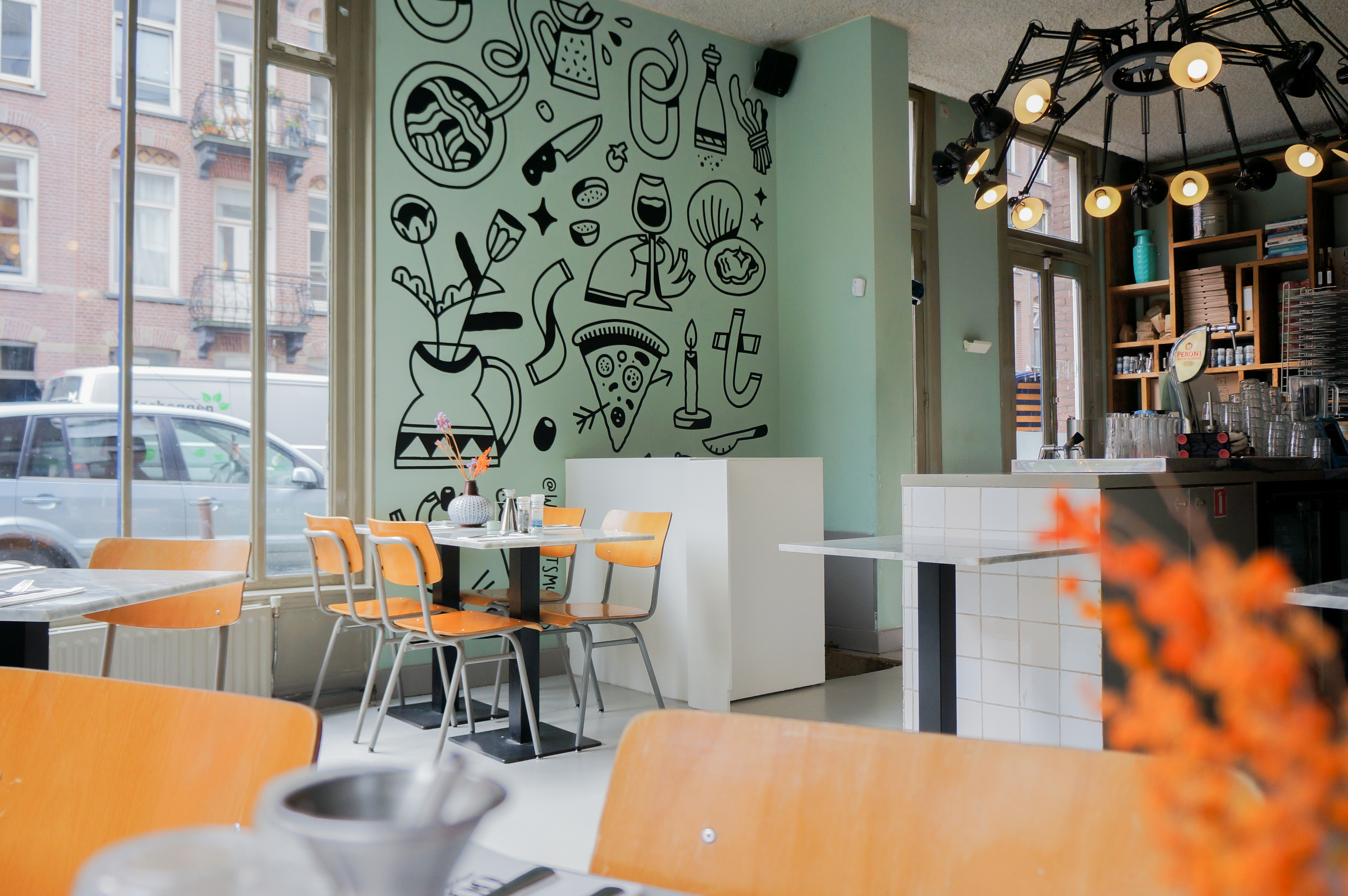 Pizza Oost Amsterdam Mural amsterdam black and white drawing food foodillustration illustration lettering mural pizza wall art wallpainting