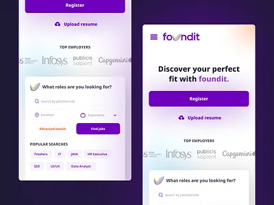 Foundit Landing Page UI Redesign | Mobile UI app design foundit job job platform mobile ui ux website zuno