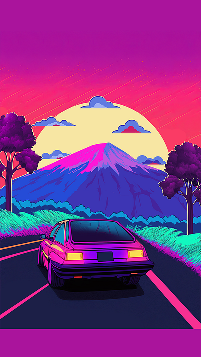 Sunset Pursuit: Mount Fuji-bound automotive art car art car illustration design digital art illustration japanese cars psychedelic retro